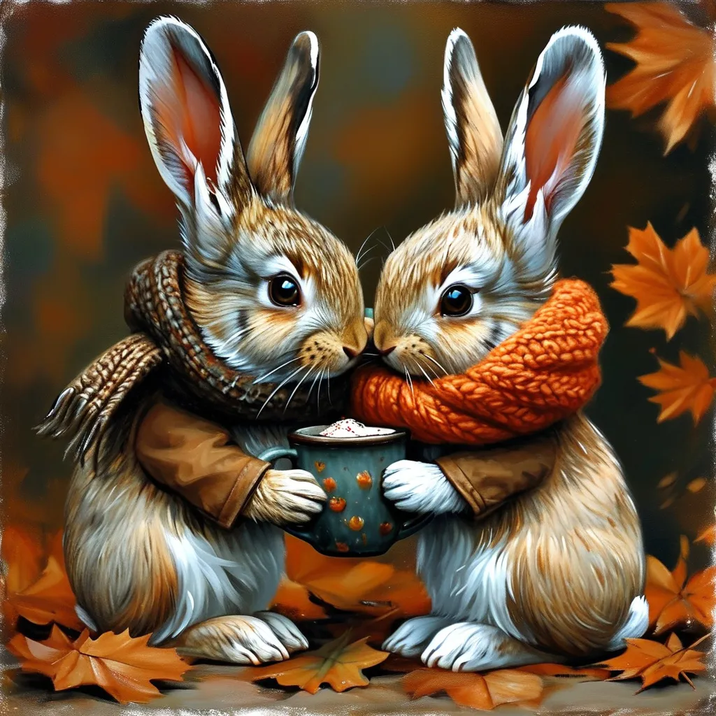 Prompt: autumn, two bunnies, one girl bunny and a boy bunny, brown and orange leaves, they are lovers, they are snuggle, hugging, one Bunny with scarf, one bunny with mug with warm drink, cozy bunny, nature