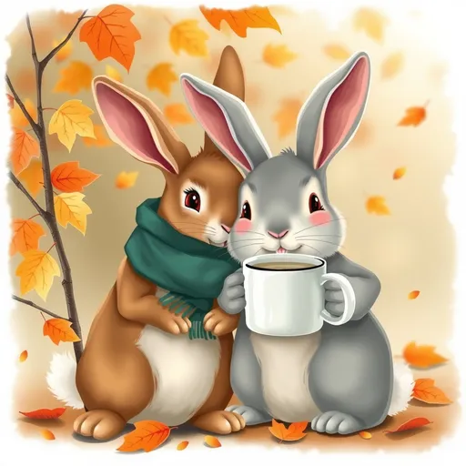 Prompt: autumn, two bunnies, one girl bunny and a boy bunny, brown and orange leaves, they are lovers, they are snuggle, hugging, one Bunny with scarf, one bunny with mug with warm drink, cozy bunny, nature