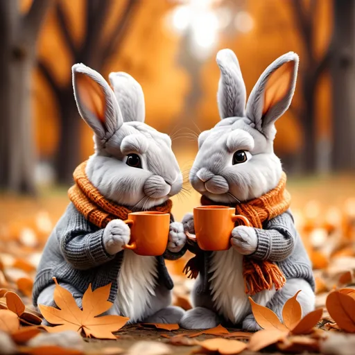 Prompt: autumn, two bunnies, brown and orange leaves, one Bunny with scarf, they are in love, bunnies in love, snuggle, one bunny with mug with warm drink, cozy bunny, nature