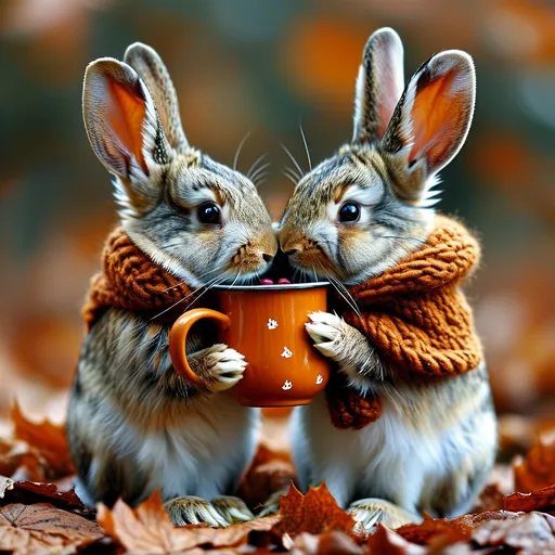 Prompt: autumn, two bunnies, one girl bunny and a boy bunny, brown and orange leaves, they are lovers, they are snuggle, hugging, one Bunny with scarf, one bunny with mug with warm drink, cozy bunny, nature