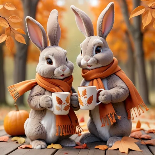 Prompt: autumn, two or three bunnies, brown and orange leaves, one Bunny with scarf,, one bunny with mug with warm drink, cozy bunny, nature