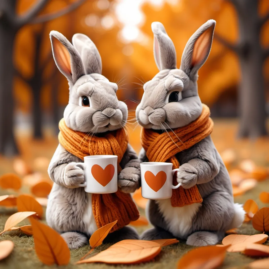 Prompt: autumn, two bunnies, brown and orange leaves, one Bunny with scarf, they are in love, bunnies in love, snuggle, one bunny with mug with warm drink, cozy bunny, nature