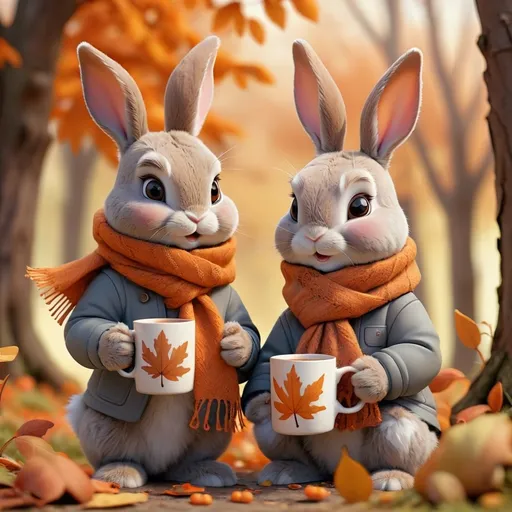 Prompt: autumn, two bunnies, brown and orange leaves, one Bunny with scarf, one boy, one girl, one bunny with mug with warm drink, cozy bunny, nature