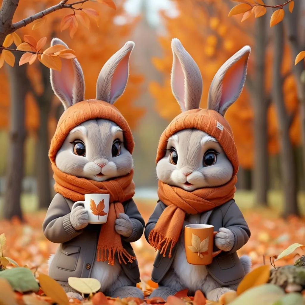 Prompt: autumn, two bunnies, brown and orange leaves, one Bunny with scarf, one boy, one girl, one bunny with mug with warm drink, cozy bunny, nature