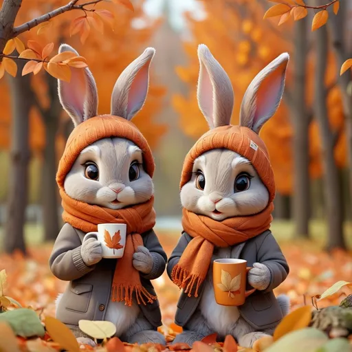 Prompt: autumn, two bunnies, brown and orange leaves, one Bunny with scarf, one boy, one girl, one bunny with mug with warm drink, cozy bunny, nature