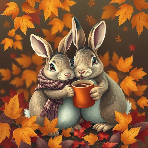 Prompt: autumn, two bunnies, one girl bunny and a boy bunny, brown and orange leaves, they are lovers, they are snuggle, hugging, one Bunny with scarf, one bunny with mug with warm drink, cozy bunny, nature