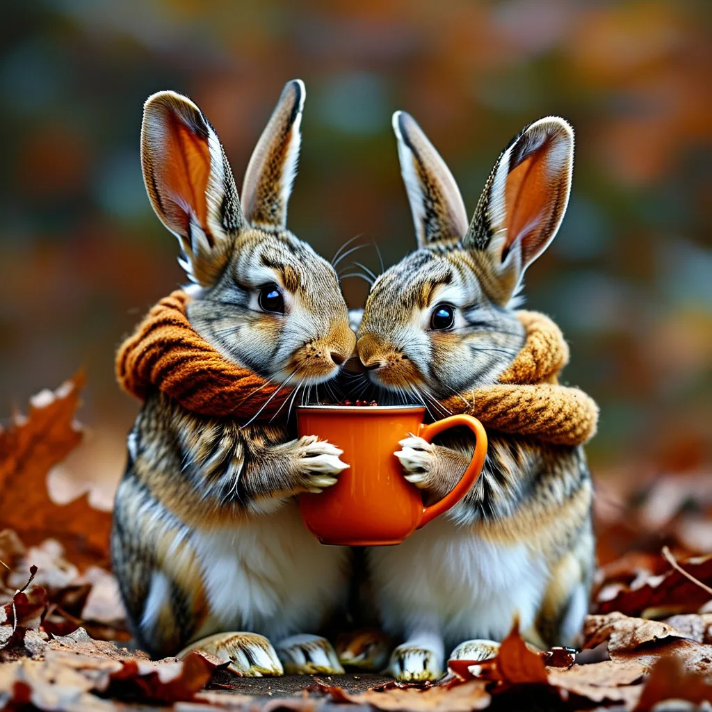 Prompt: autumn, two bunnies, one girl bunny and a boy bunny, brown and orange leaves, they are lovers, they are snuggle, hugging, one Bunny with scarf, one bunny with mug with warm drink, cozy bunny, nature