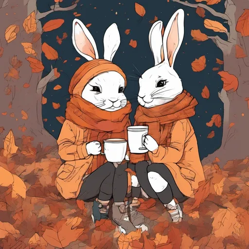 Prompt: autumn, two bunnies, one girl bunny and a boy bunny, brown and orange leaves, they are lovers, they are snuggle, hugging, one Bunny with scarf, one bunny with mug with warm drink, cozy bunny, nature