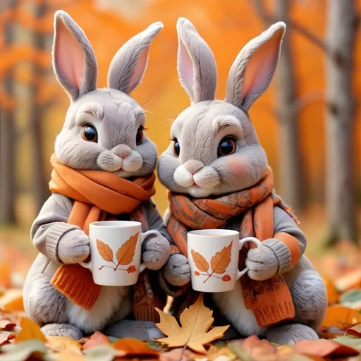 Prompt: autumn, two or three bunnies, brown and orange leaves, one Bunny with scarf,, one bunny with mug with warm drink, cozy bunny, nature