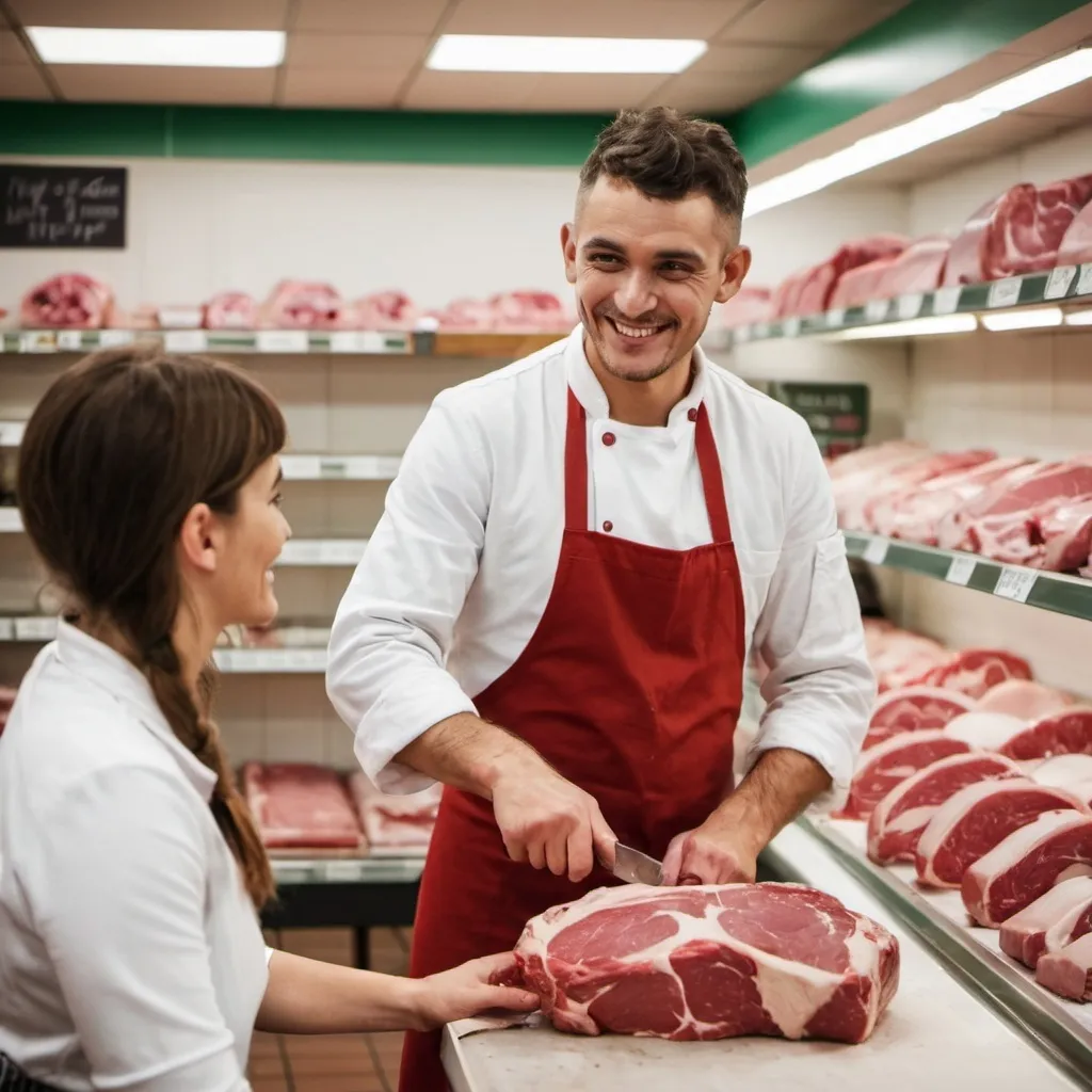 Prompt: A male butcher is working in a supermarket in the butchery. He is serving a female customer with a smile on his face.