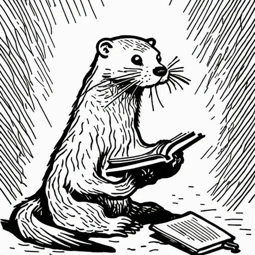 Prompt: Minimal black and white icon, otter reading a book, simple lines, clean design, focused expression, high contrast, detailed book cover, monochrome, minimalistic, clean lines, symbolic, high quality, B&W, detailed otter, reading, serene atmosphere