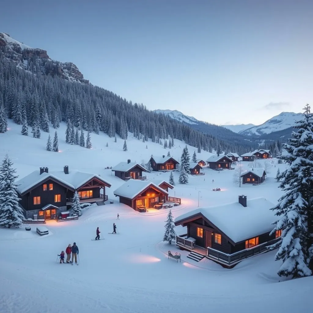 Prompt: “A snowy mountain village with cozy cabins and skiers on the slopes.”
