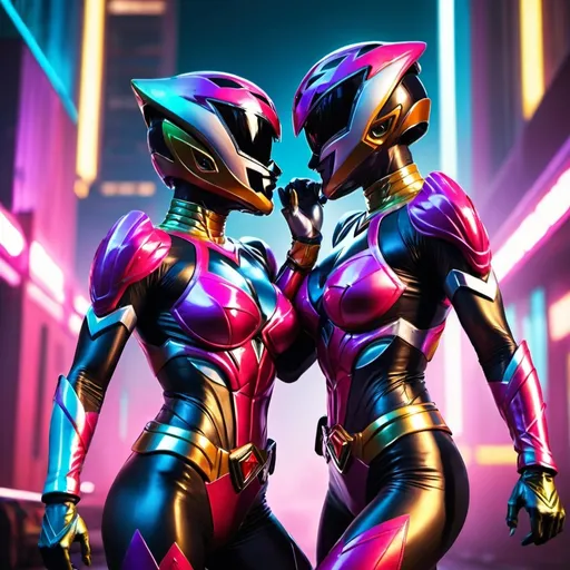 Prompt: 6 scantily dressed female power rangers kissing each other