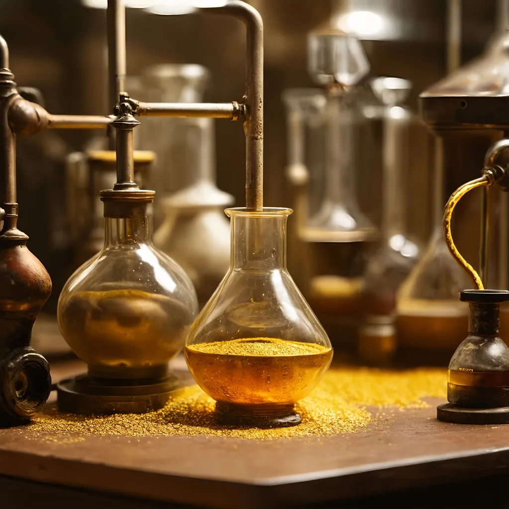 Prompt: a laboratory filled with alchemy equipment, victorian era, gold dust, depth of field