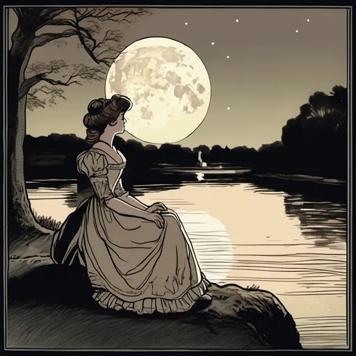 Prompt: In a cartoon style, depict a river under the moonlight with two young adults in the Victorian era, 1899: a noblewoman with dark brown hair and her male servant with blonde hair, both seen from behind. They are sitting and conversing by the river. 