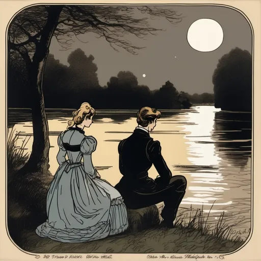 Prompt: In a cartoon style, depict a river under the moonlight with two young adults in the Victorian era, 1899: a noblewoman with dark brown hair and her male servant with blonde hair, both seen from behind. They are sitting and conversing by the river. 