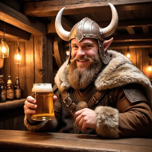 Prompt: (viking drinking beer), cozy pub atmosphere, (dimly lit), rustic wood interiors, warm amber lighting, detailed viking attire: horned helmet, fur-lined cloak, joyful expression, ancient wood bar background, (handcrafted sign "Herr Vile"), frothy glass of beer, (ultra-detailed), warm and inviting ambiance, celebrates camaraderie and festivity.