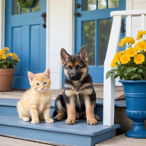 Prompt: a german sheppard puppy and a yellow kitten on the front porch of a blue and white farmhouse