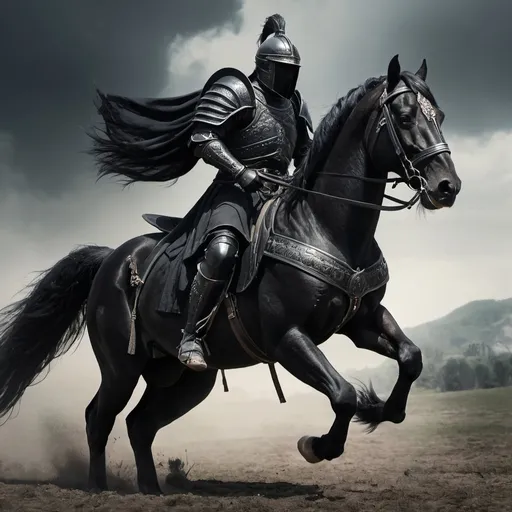 Prompt: Warrior with black armor riding black horse 