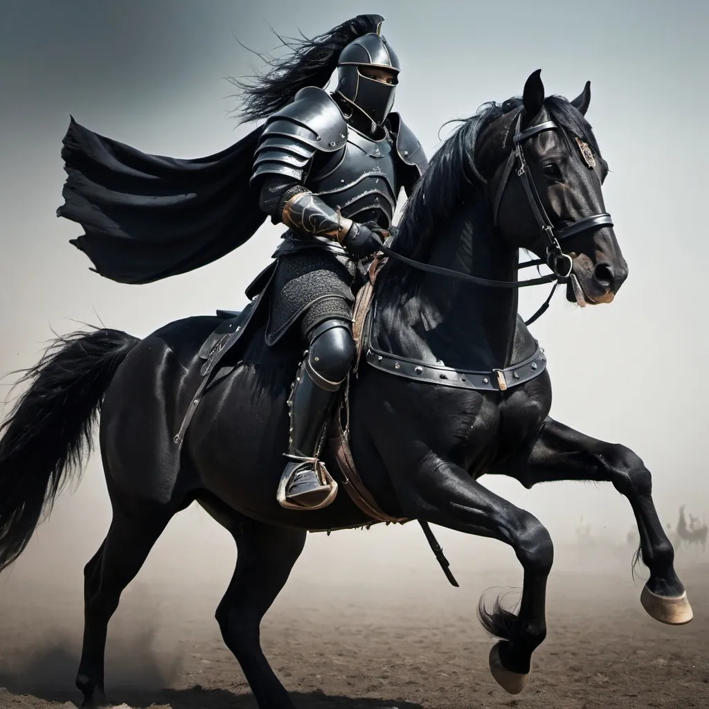 Prompt: Warrior with black armor riding black horse 