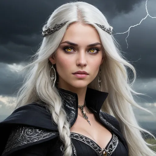 Prompt: Create an image of Manon Blackbeak, a fierce and powerful witch from the Throne of Glass series by Sarah J. Maas. She is described as having long silver hair, piercing yellow golden amber color eyes - very outstanding and important feature of her face, and sharp features, and long shar metal egde nails. She wears dark, intimidating clothing  and scarlet cape-very important detail of outfit, and she carries herself with a regal and commanding presence. Show her full body standing against a backdrop of stormy skies. 