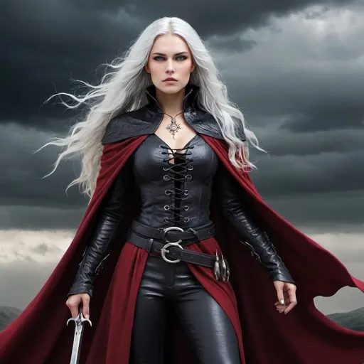 Prompt: Create an image of Manon Blackbeak, a fierce and powerful witch from the Throne of Glass series by Sarah J. Maas. She is described as having long silver hair, piercing yellow golden amber color eyes - very outstanding and important feature of her face, and sharp features, and long shar metal egde nails. She wears dark, intimidating clothing  and scarlet cape-very important detail of outfit, and she carries herself with a regal and commanding presence. Show her full body standing against a backdrop of stormy skies. 