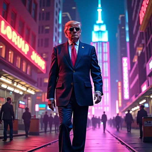 Prompt: Donald Trump, 1980'ler neon cyberpunk tarzında, New York’un parlak neon ışıklı sokaklarında, takım elbise ve güneş gözlüğüyle yürürken. Arkasında Trump Tower’ın holografik bir versiyonu var.