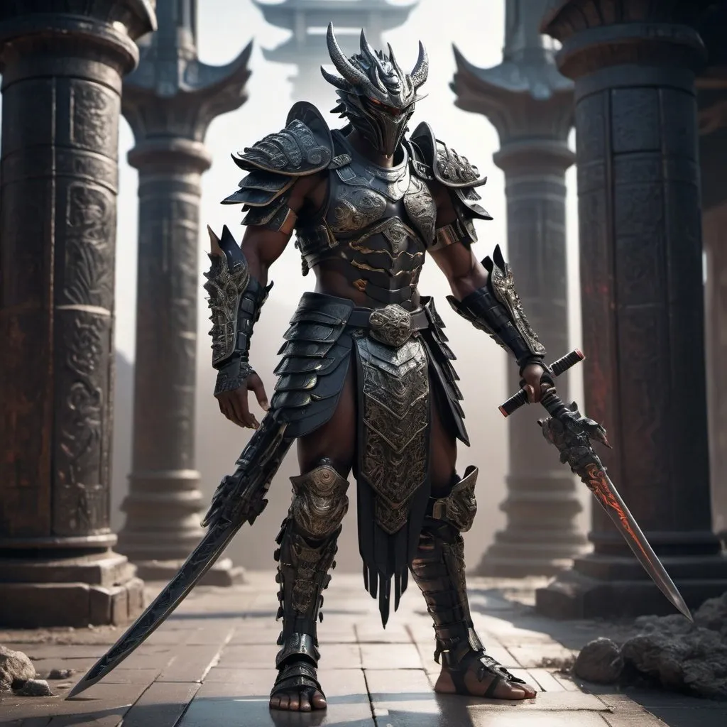 Prompt: Generate a Strong black gladiator man samurai type outfit, body parts covered by a mix of ornamented high tech futuristic extremely detailed armor, high-tech weaponry holding spare in hand, fuzzy dragon creature walking next to warrior, apocalyptic type environment, dramatic lighting with detailed shadows and highlights increasing depth of perspective and 3D volumetric drawing