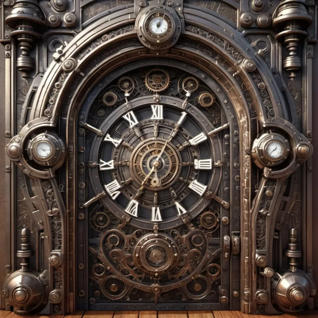 Prompt: Ancient ornamented magical giant door "open" riddle clock intricate steam punk ,art deco elements, dieselpunk machinery,  3D volumetric,intricate cybernetic surrealism patterns, highly detailed look.( Door also open)