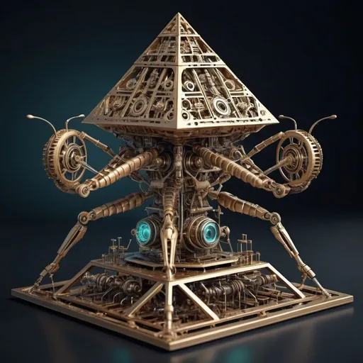 Prompt: Design an intricate pyramid, machine complex mechanism is eye catching and visible  like time machine, 3d dimension depth, lab environment alien figure like mantis interacting with the machine 