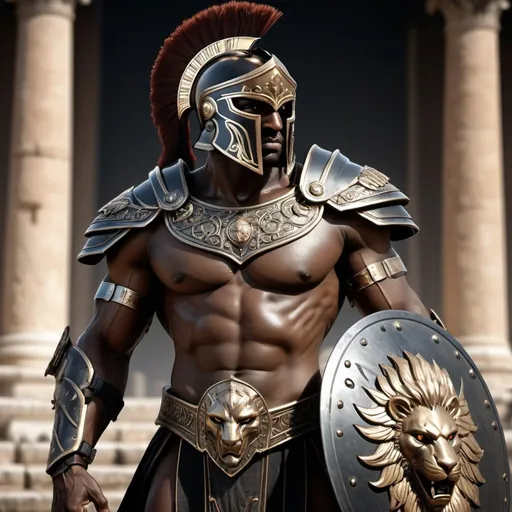 Prompt: Generate a Strong black man spartan outfit, body parts covered by a mix of ornamented high tech furistic extremely detailed armor, spare,shield, eagle shape helmet, warrior is standing with an armored lion by his sidea battle stoic pose, Rome type environment, dramatic lighting with detailed shadows and highlights increasing depth of perspective and 3D volumetric drawing