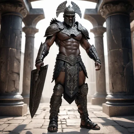 Prompt: Generate a Strong black gladiator man viking type outfit, body parts covered by a mix of ornamented high tech futuristic extremely detailed armor, high-tech weaponry holding spare in hand, Rome type environment, dramatic lighting with detailed shadows and highlights increasing depth of perspective and 3D volumetric drawing