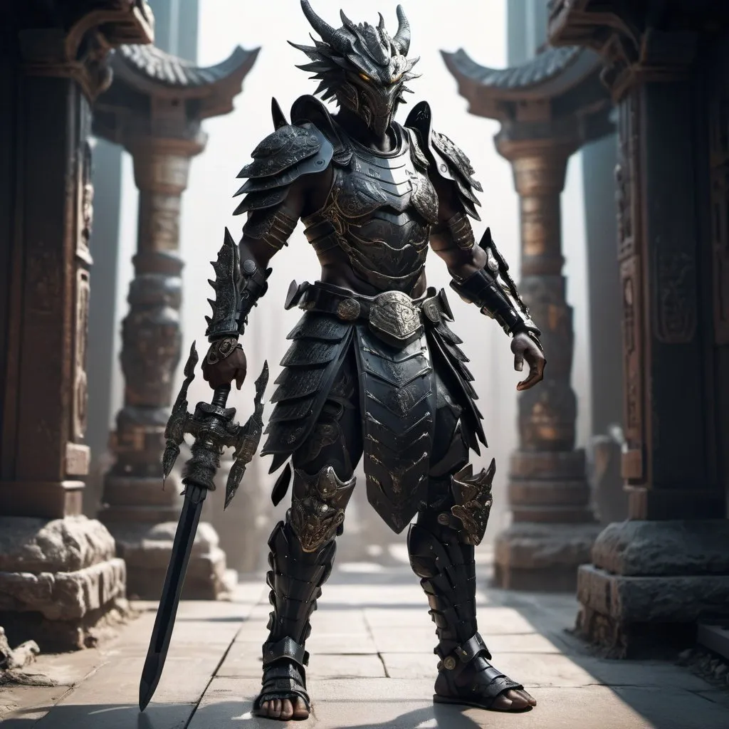 Prompt: Generate a Strong black gladiator man samurai type outfit, body parts covered by a mix of ornamented high tech futuristic extremely detailed armor, high-tech weaponry holding spare in hand, fuzzy dragon creature walking next to warrior, apocalyptic type environment, dramatic lighting with detailed shadows and highlights increasing depth of perspective and 3D volumetric drawing
