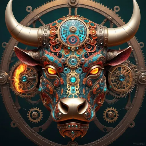 Prompt: Magical bull with intricate ornamented mask, surreal digital art, steampunk, detailed clockwork like armor, vibrant color palette, high quality, detailed fire eye, intricate encrusted geometry in the skin, surreal, steampunk, vibrant colors, digital art, detailed, visual effect