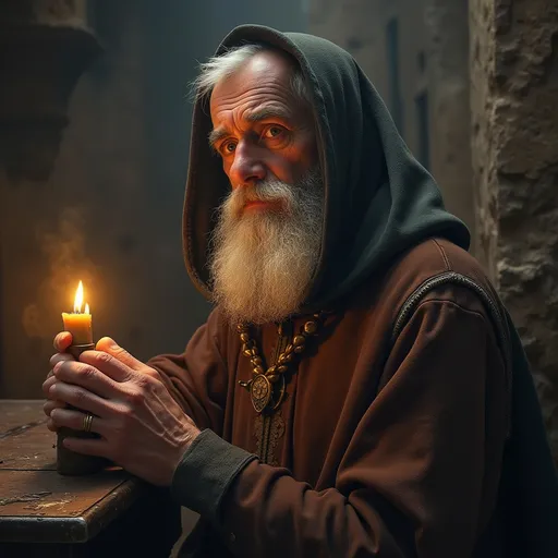 Prompt: crea un'immagine per la copertina di una caccia al tesoro. l'immagine deve avere qualcosa di antico e misterioso. il rprotagonista è un vecchio sacrestano di una chiesa che conserva un segreto. ambientale nel medioevo
