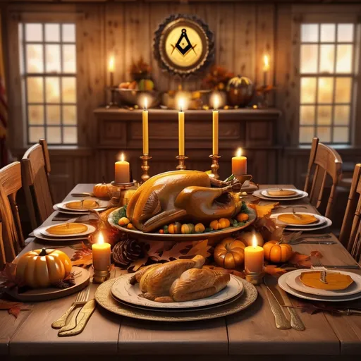 Prompt: (Masonic Thanksgiving) warm and cozy atmosphere, symbols of Freemasonry decorated for Thanksgiving, a feast table filled with traditional American holiday foods, a backdrop of autumn leaves and a softly glowing candlelight ambiance, rustic wooden textures, orange and gold tones, intricate Masonic symbols tastefully incorporated into the decor, ultra-detailed, high-quality, inviting and cheerful scene, 4K resolution.