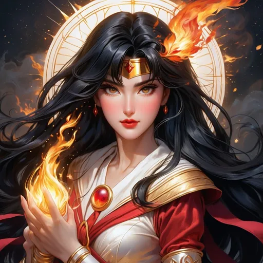 Prompt: Sailor Mars with long black hair surronded with fire spell, light contrast, fire light, baroque, golden ratio, very detailed, intricate, charming, beautiful Goddess sailor warrior