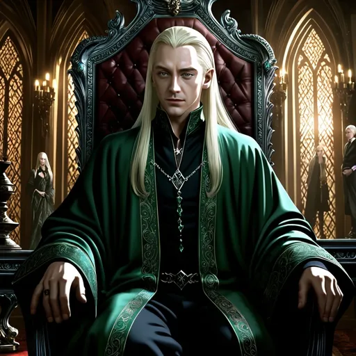 Prompt: Lucius Malfoy (detailed portrait), silver middle long blond hair, sitting elegantly in his lavish house, (intricate) decor, magical ambiance, charming male wizard aura, captivating gaze, luxurious robes, mystical energy surrounding him, rich color tones, luxurious lighting, (ultra-detailed) HD rendering, (beautiful composition), dramatic shadows enhancing the atmosphere, opulent interiors reflecting sophistication.