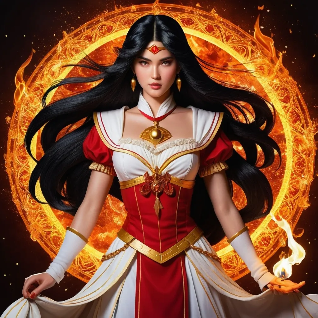 Prompt: Sailor Mars with long black hair casting fire spell, light contrast, fire light, baroque, golden ratio, very detailed, intricate, charming, beautiful Goddess sailor warrior