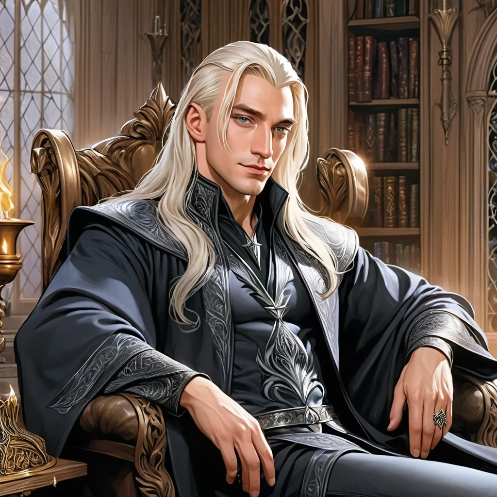 Prompt: Lucius Malfoy with silver long blond hair sitting in his house, detailed, intricate, beautiful male, charming male wizard, magic, Malfoy