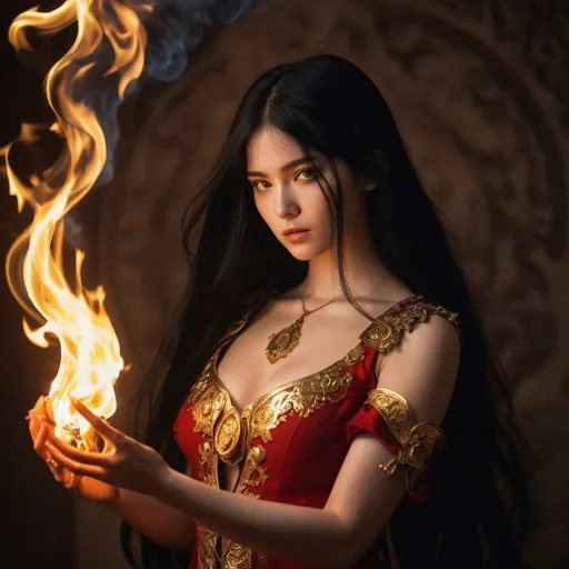 Prompt: Sailor Mars with long black hair casting fire spell, light contrast, fire light, baroque, golden ratio, very detailed, intricate, charming, beautiful female body