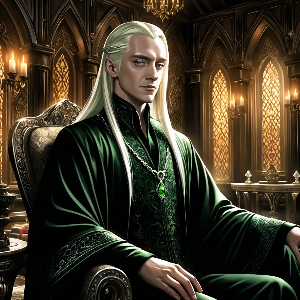 Prompt: Lucius Malfoy (detailed portrait), silver long blond hair, sitting elegantly in his lavish house, (intricate) decor, magical ambiance, charming male wizard aura, captivating gaze, luxurious robes, mystical energy surrounding him, rich color tones, luxurious lighting, (ultra-detailed) HD rendering, (beautiful composition), dramatic shadows enhancing the atmosphere, opulent interiors reflecting sophistication.