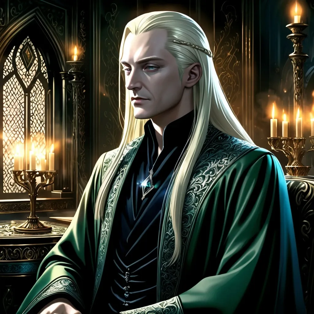 Prompt: Lucius Malfoy (detailed portrait), silver long blond hair, sitting elegantly in his lavish house, (intricate) decor, magical ambiance, charming male wizard aura, captivating gaze, luxurious robes, mystical energy surrounding him, rich color tones, luxurious lighting, (ultra-detailed) HD rendering, (beautiful composition), dramatic shadows enhancing the atmosphere, opulent interiors reflecting sophistication.