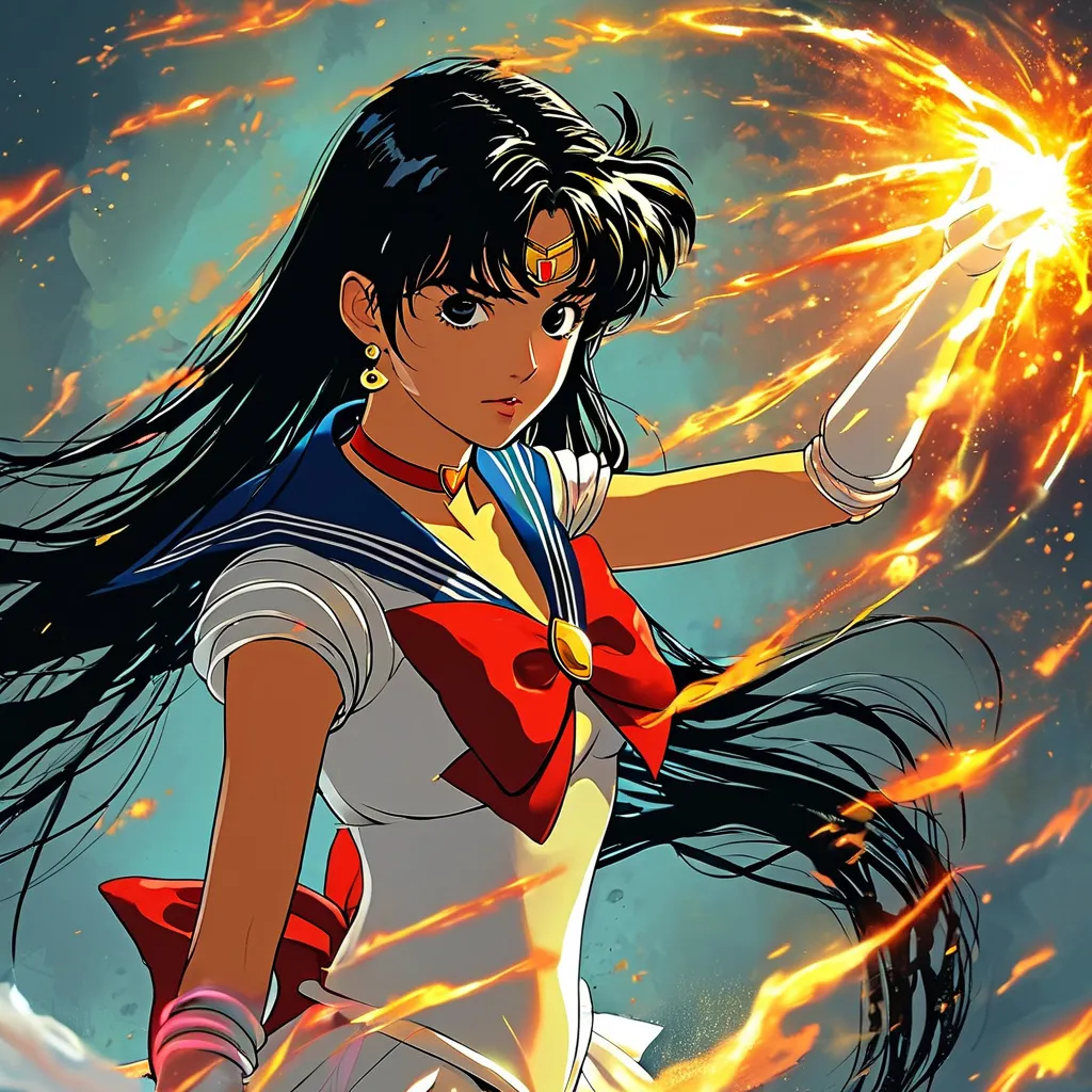 Prompt: Sailor Mars with long black hair casting fire spell