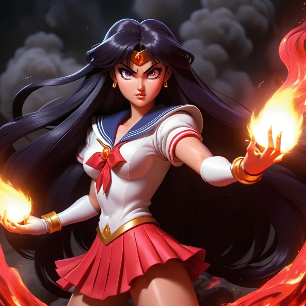 Prompt: Sailor Mars with long dark hair casting fire spells