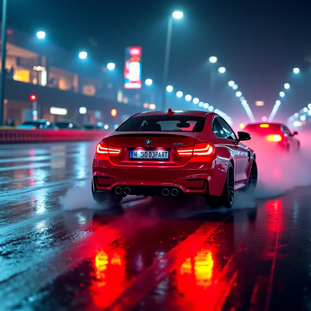 Prompt: bmw drifting in georgia tbilisi with rain and lots of neon car is candy red