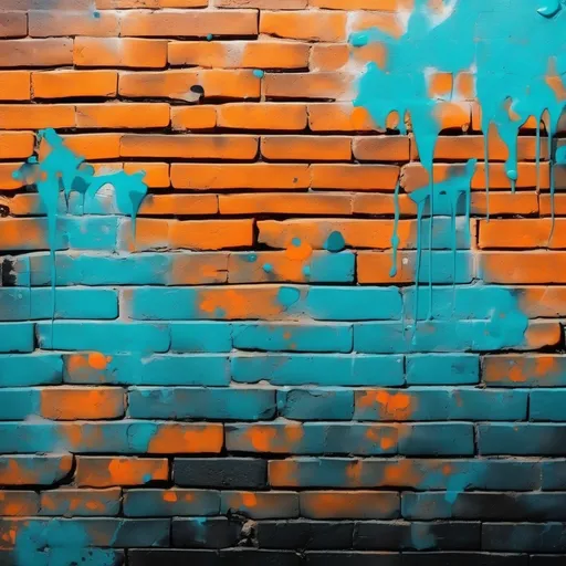 Prompt: Graffiti, splatter painting of brick wall, teal, blue and orange gradient background, small black dots