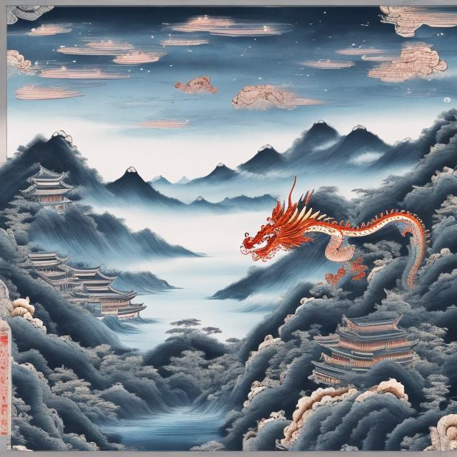 Prompt: Dragon flying in the sky, a temple on the left hand side and a cruise on the sea, Chinese ink wall painting