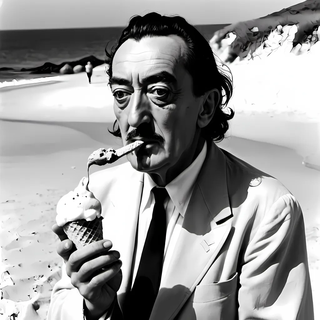 Prompt: Salvador Dali eating an ice-cream while walking on a beach.