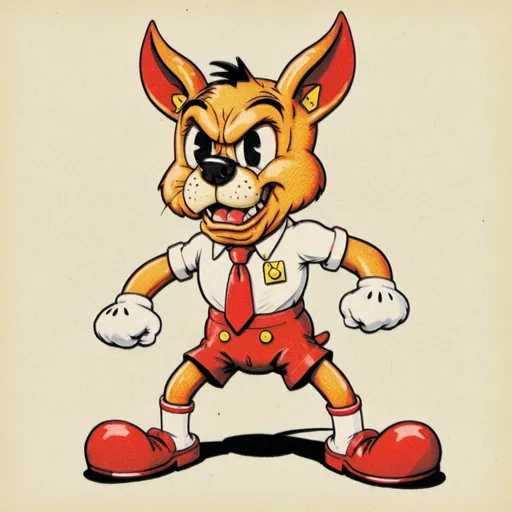 Prompt: 1980s rubberhose style illustration of the anthropomorphic angry dog, wearing white gloves and red shorts with two gold buttons and yellow shoes, and a suit 